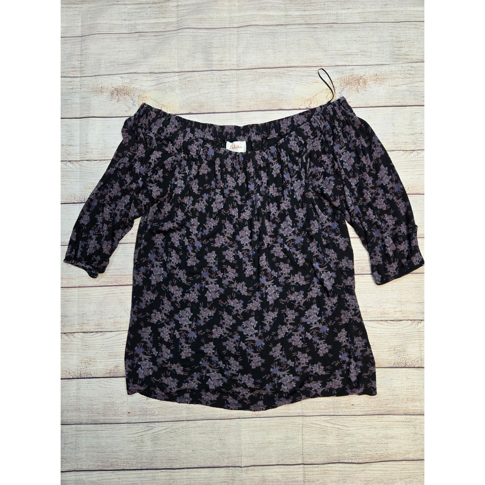 Deletta Women's Floral Off Shoulder Elbow Sleeve Top Size XS Black Purple